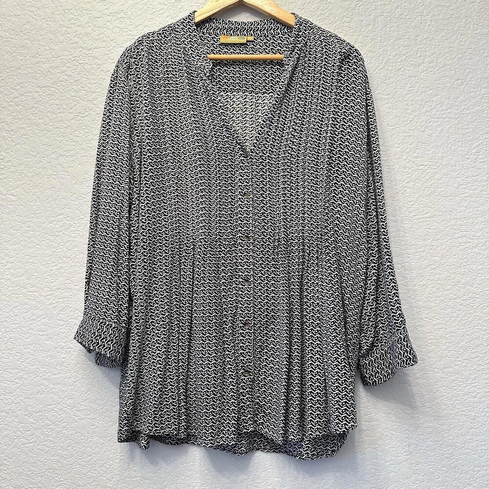 Anthropologie Rock Flower Paper Womens Geometric Print Tunic Top Sz XL Blue